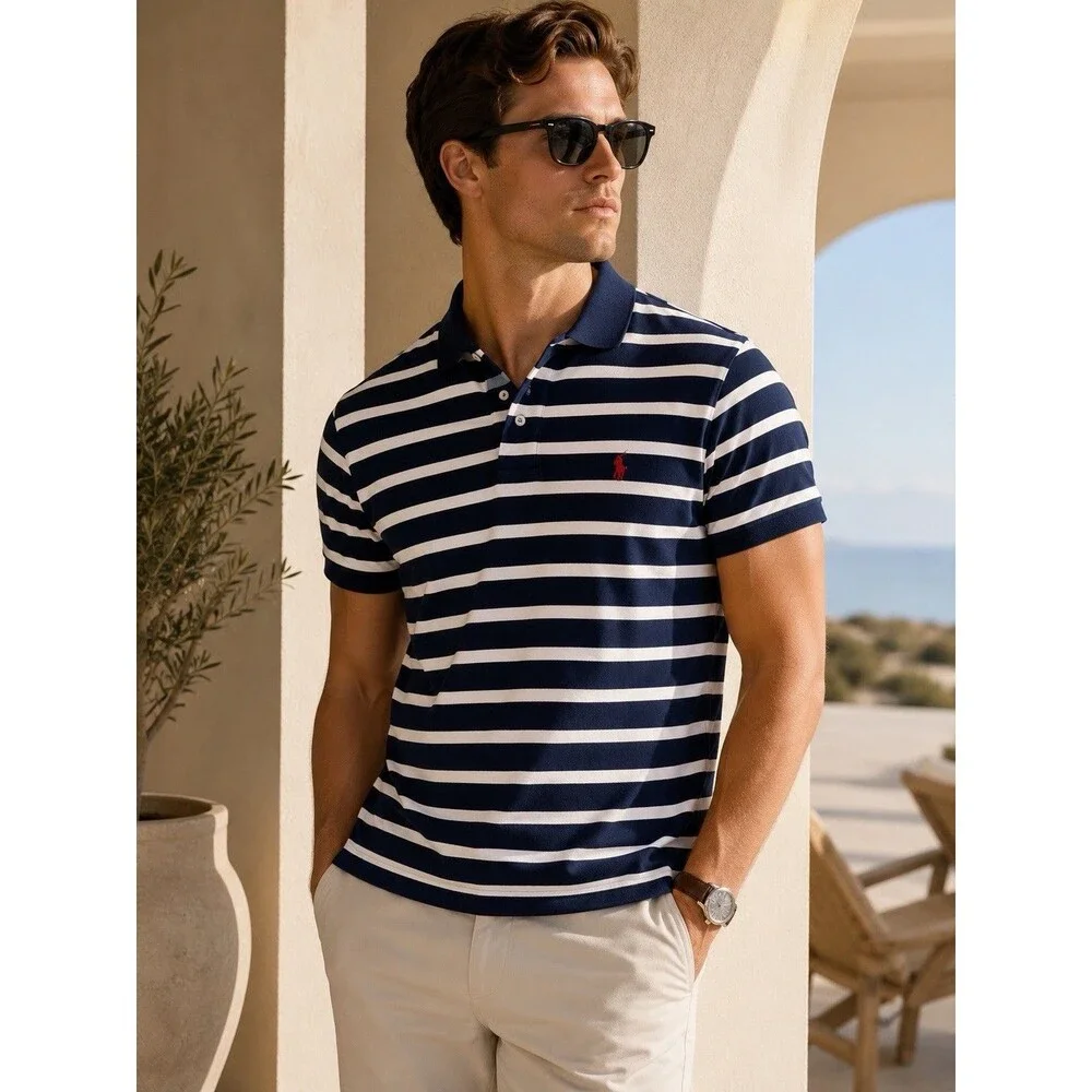 Vintage Polo Ralph Lauren Navy Blue Stripe Short Sleeve Polo Mens Size Large